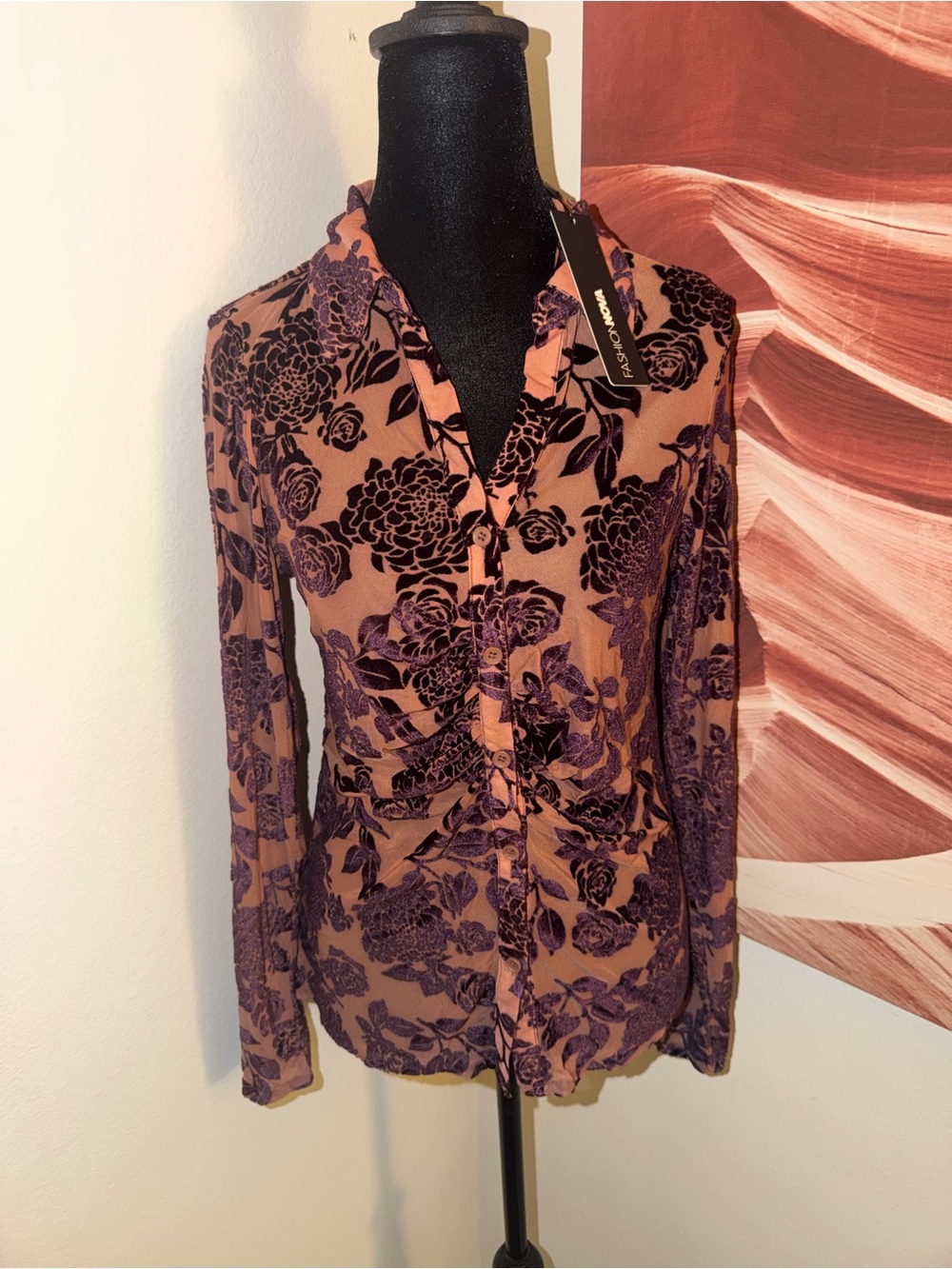 Fashion Nova Tan and Purple Floral Button-Up Blouse